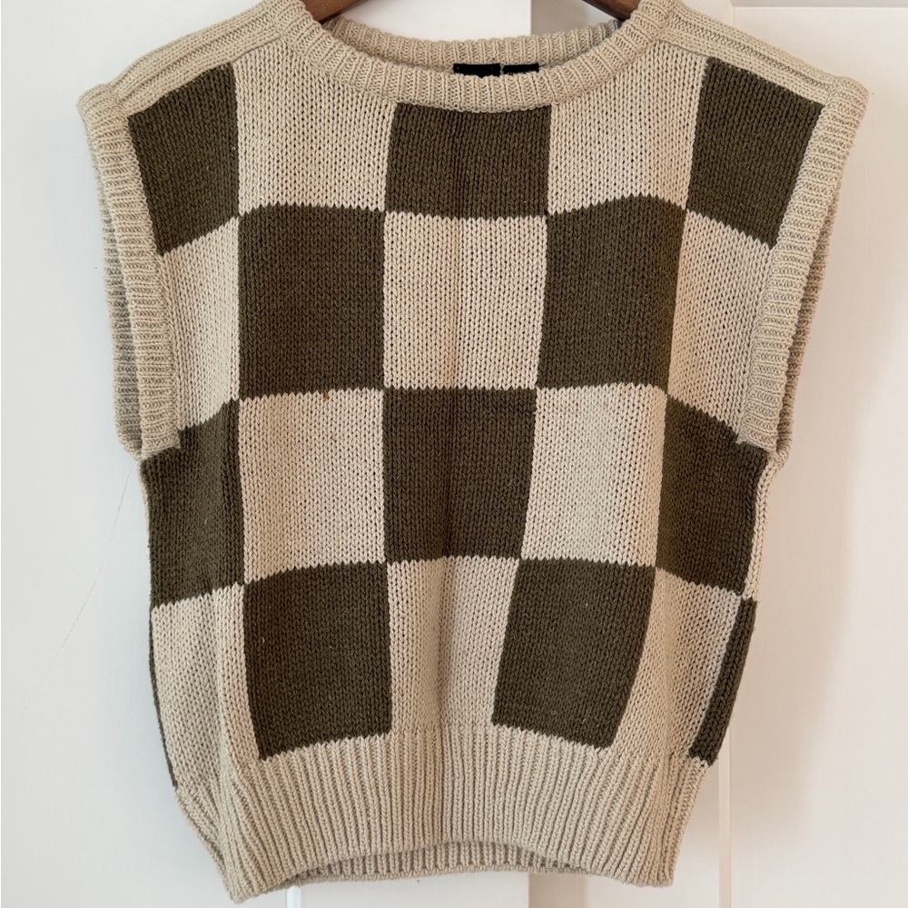 Vintage Liz Claiborne Checker Knit Sweater Vest in Olive and Cream